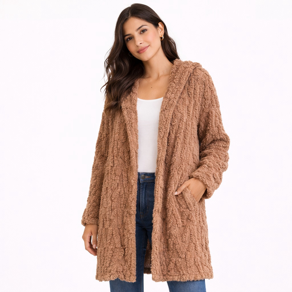 KNAPP STUDIO Hooded Sherpa Cardigan Open Front Brown M NWT